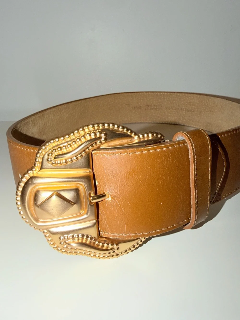 Vtg Anne Klein For Oroton Brown Leather Wide Belt With Gold-Tone Buckle, Sz Sm